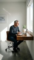 Middle-aged man with gray hair, Caucasian ethnicity, working at wooden desk by bright window. Wearing dark sweater, writing in notebook with laptop nearby. Minimalist home office with natural light, potted plant, and framed artwork on white wall.