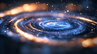 Spiral galaxy with glowing blue and orange cosmic dust swirls against dark space background, creating mesmerizing celestial formation with sparkling stars and nebula effects.