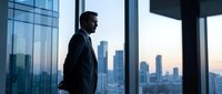 Silhouette of professional businessman in suit standing by office window overlooking city skyline at sunset, corporate leadership and success concept.