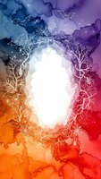 Watercolor Halloween frame with spooky trees, bats and spiders in vibrant purple, blue, orange gradient colors with white center space for text or design.