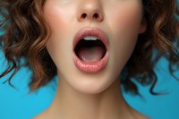 Close up of open mouth with pink glossy lips and white teeth against turquoise background, showing expression of surprise or amazement. Curly hair frames face.