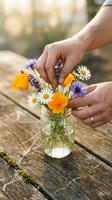 Adult hands arranging fresh wildflowers in glass vase on wooden surface. Yellow calendula, white daisies, purple lavender and blue cornflowers create vibrant bouquet for home decoration and floral design projects.