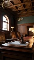 Elegant courtroom interior with wooden gavel on judge's bench, leather chairs and ornate coffered ceiling for legal and justice concepts.