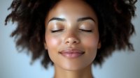 Young African American woman with natural curly afro hair and closed eyes expressing serenity and peace, soft lighting creates gentle mood for wellness concepts.