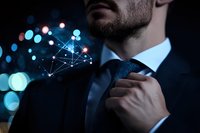 Businessman adjusting tie with glowing network visualization and bokeh lights in background, representing digital transformation and professional success.
