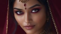 Young South Asian woman wearing traditional bridal jewelry and makeup with dramatic eye makeup, red bindi, and gold maang tikka against dark burgundy background.