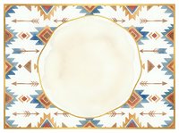 Cream ceramic plate with geometric tribal border frame featuring arrows, diamonds, and native patterns in blue, orange, and brown tones on white background. Isolated tableware design element suitable for dinnerware mockups, kitchen decor, and product presentations.