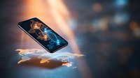 Modern smartphone displaying futuristic holographic interface floating above surface with dramatic lighting and bokeh background for technology concepts.