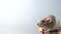 Cute white and gray pet rat with pink nose and ears sitting on reflective surface against neutral background for veterinary and animal care concepts.