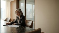 Professional mature Caucasian businesswoman with blonde hair working on laptop in modern office conference room with large windows and natural lighting.