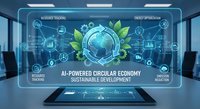 AI-powered circular economy concept with glowing digital globe, green leaves, and sustainability icons on futuristic holographic display in modern office.