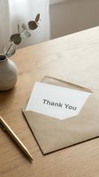 Thank you card in kraft envelope on wooden desk with eucalyptus vase and gold pen, minimal style for greeting, appreciation, and gratitude concepts.