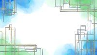 Abstract geometric frame with blue and green watercolor elements on white background for modern design projects.