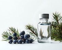 Glass bottle of essential oil with fresh juniper berries and pine branches on white background, perfect for wellness and aromatherapy products.