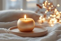 Golden spherical candle burning on wooden plate with soft white textile and blurred fairy lights creating cozy atmospheric holiday ambiance.