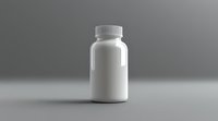 White plastic medicine bottle on gray background, pharmaceutical container mockup for supplement packaging design. Isolated product photography for branding.