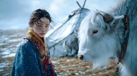 Young Asian man with colorful scarf standing next to white yak in snowy mountain landscape with traditional tent in background. Nomadic lifestyle in remote highlands.