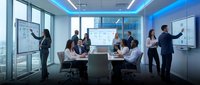 Business team meeting in modern conference room with blue LED lighting and city view windows for corporate presentations.