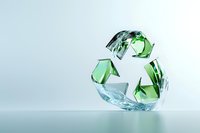 Crystal glass recycling symbol in green color on light background with reflection, environmental conservation concept for sustainable future.
