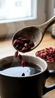 Wooden spoon pouring dried goji berries into dark ceramic mug with hot beverage in bright kitchen setting for healthy morning routine preparation.