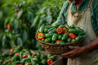 Farmer in overalls holding wicker basket full of freshly harvested organic vegetables including cucumbers and tomatoes against blurred garden background.