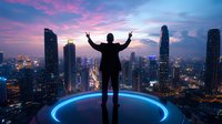 Silhouette of businessman with raised arms standing on glowing circular platform overlooking city skyline at sunset with purple and blue sky.