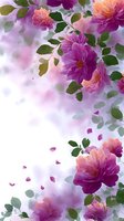 Delicate pink and purple roses with green leaves on soft blurred background, falling petals create romantic floral border composition for wedding stationery design.
