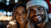 Joyful couple celebrating winter holiday with sparklers, wearing Santa hats against blurred festive lights background, capturing magical Christmas moment.