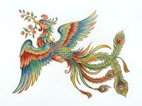 Ornamental phoenix bird with colorful feathers and floral elements, isolated on white background, suitable for design projects, textiles, and decorative applications.