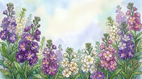 Watercolor garden border with purple and white wildflowers on soft pastel background, copy space for greeting cards and invitations.