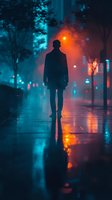 Silhouetted male figure walking alone on wet urban street at night with neon blue and orange lighting, reflecting on pavement for moody atmosphere.