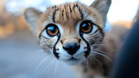 Close up portrait of cheetah cub with bright blue eyes and distinctive facial markings against blurred background, showing curious expression and detailed whiskers.