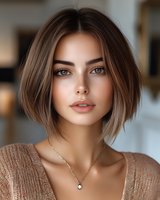 Young woman with short brown bob hairstyle, blue eyes and natural makeup wearing beige knit sweater and delicate necklace against blurred background.