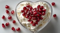 Fresh pomegranate seeds on creamy yogurt dessert in heart-shaped glass bowl, healthy breakfast or romantic treat.