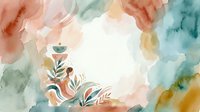 Watercolor abstract background with soft coral, teal, and golden washes featuring botanical leaf elements and organic shapes, suitable for wallpaper, web design, and creative projects.