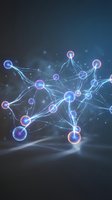 Glowing network nodes connected by luminous lines on dark blue background representing digital connectivity, data transfer and modern technology concepts.
