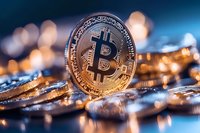 Golden Bitcoin cryptocurrency coin standing among other coins with bokeh lights in background. Digital money concept.