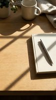 Minimalist workspace with open notebook, pen, ceramic mug, potted plant, and natural sunlight casting shadows on wooden desk for creative writing and productivity concepts.