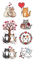 Cute cats in love with hearts, balloons, gifts and floral wreaths. Isolated cartoon clipart set for Valentine's Day designs, greeting cards, t-shirts and romantic projects.