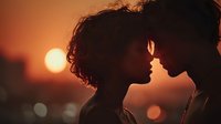 Silhouette of young couple in intimate moment against dramatic sunset backdrop, creating romantic atmosphere for relationship concepts.