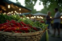 Fresh red chili peppers in woven basket at evening farmers market with bokeh string lights and shoppers in background, selective focus on produce.