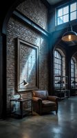 Industrial loft interior with exposed brick walls, leather armchair, pendant lighting, and arched windows for modern home design and architecture projects.