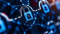Digital cybersecurity concept with glowing padlock icons connected by network lines on dark blue background for data protection and internet security.