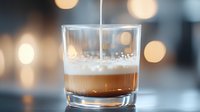 Layered coffee drink with milk being poured into glass against blurred bokeh background, creating luxurious cafe atmosphere with soft lighting effects.
