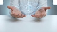Hands protecting glowing human figure with digital waves representing healthcare technology, medical protection, wellness support and life insurance concept.
