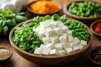 Fresh diced tofu cubes in wooden bowl with green peas, herbs and spices on rustic table. Raw ingredients for healthy vegetarian Asian cooking preparation.