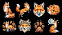 Cute fox sticker set isolated on transparent background, featuring sitting, jumping, sleeping, and floral foxes with paw prints for clipart, t-shirt design, and print on demand.