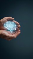 Protective hands cupping glowing digital brain with circuit patterns representing AI technology, machine learning and artificial intelligence innovation.