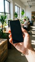 Hand holding smartphone with blank black screen in modern office workspace with plants and natural light for mobile app mockup presentation.