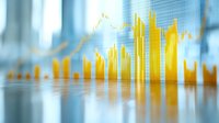 Financial graph showing upward market trend with golden bars and line chart reflected on glossy surface, abstract business background in blue and yellow tones.